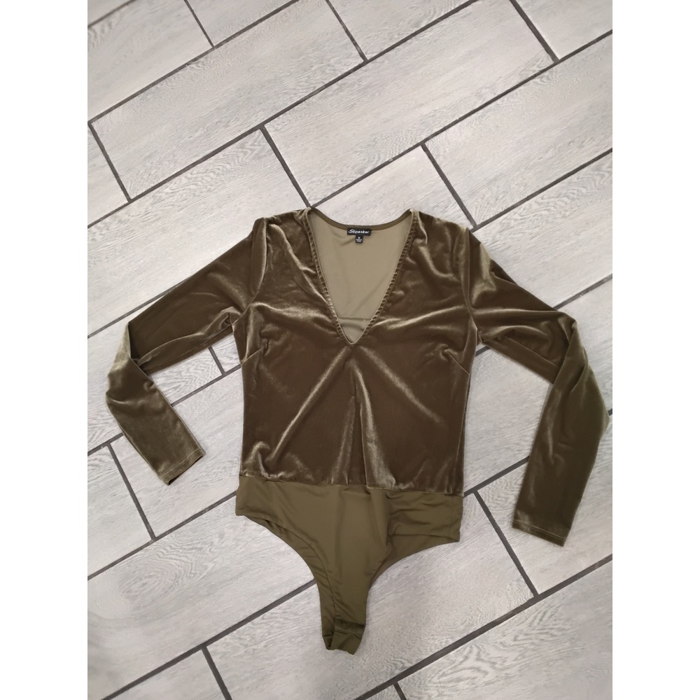 Shiwser Olive Green Velvet Plunging V Neck Long Sleeve Bodysuit M